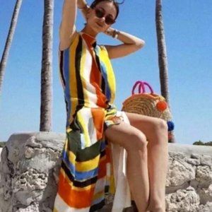 Tory Burch Bettina Silk Midi Dress Balloon Stripe New 2 Belted